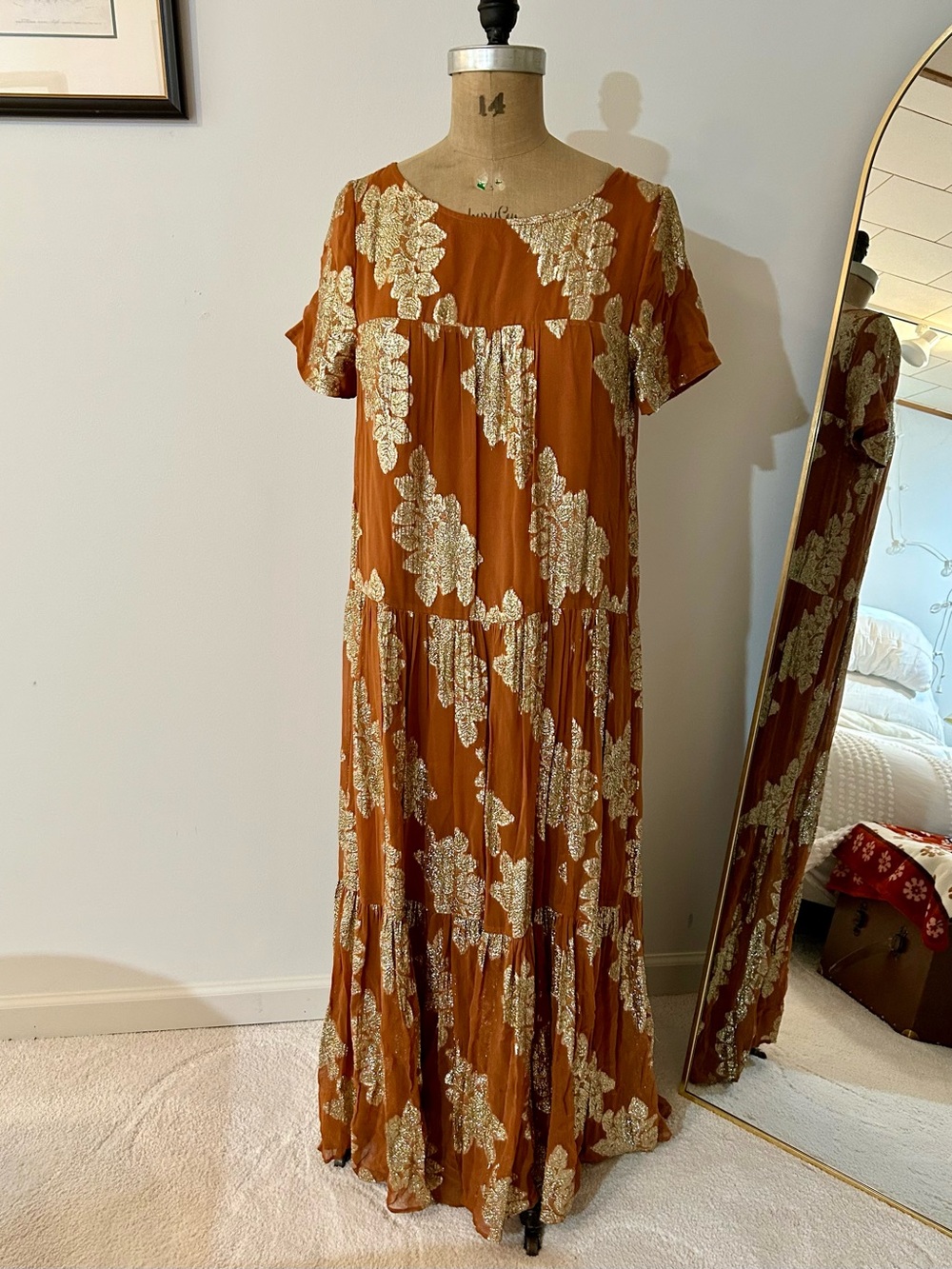 Anthropologie Rust Orange Maxi Dress with Gold Floral Print Sz M EUC
